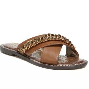 Sam Edelman Gabrie Brown Crisscross Slide Sandals with Gold Chain - Sz 9